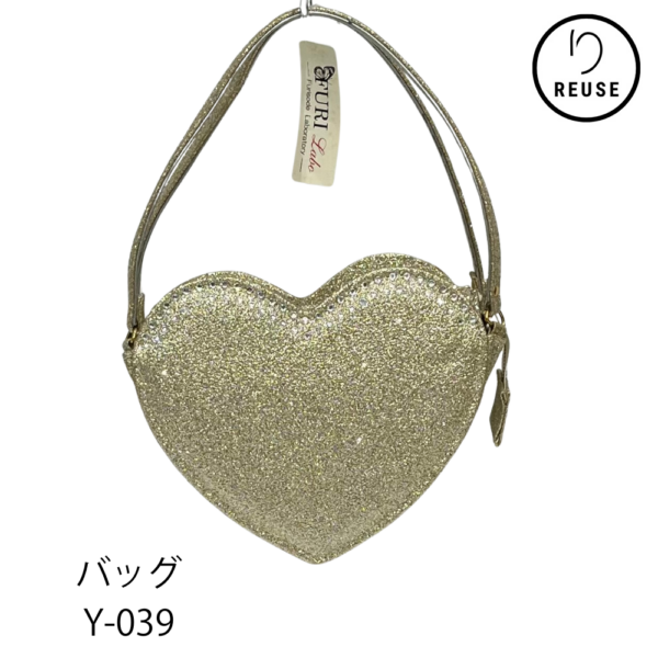 ハート型 ゴールドバッグ グリッター×ラインストーン マチ広め 振袖/ドレス用 リユース 中古 Y-039 ★