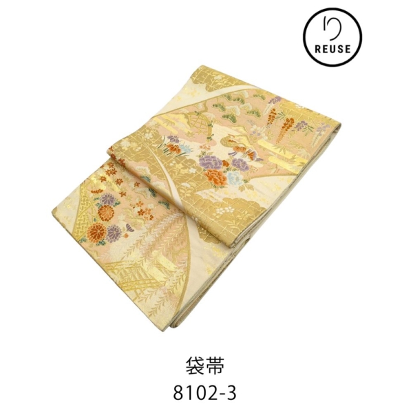 袋帯 リユース 中古 正絹 金糸 吉祥華紋 四季花 薄ピンク 8102-3 礼装用 訪問着