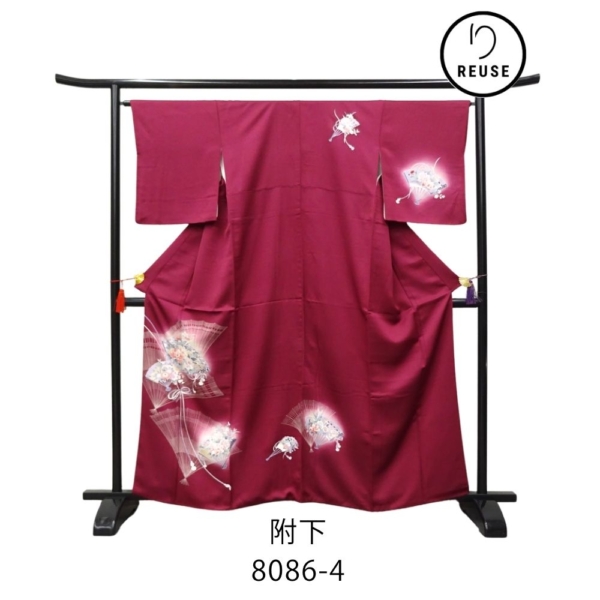 附下 正絹  リユース 中古 袷 エンジ 扇に牡丹と菊の花  8086-4 フォーマル セミフォーマル
