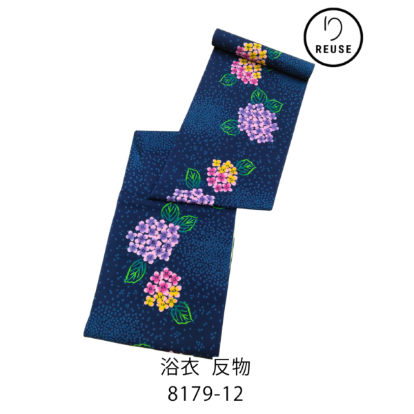リユース【新品反物】浴衣 反物 紫陽花 あじさい 紺色 綿 夏着物 未仕立て 8179-12
