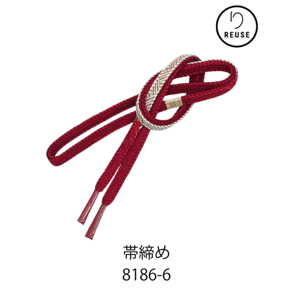 帯締め リユース 中古 未使用 平組 絹100% 深赤色×白模様 和装小物 8186-6 ★
